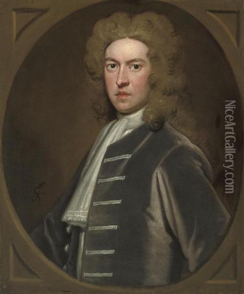 Portrait Of Sir Thomas Pelham Of
 Laughton, 1st Bt. (1653-1756), Bust-length, In A Grey Coat, In A 
Feigned Oval Oil Painting - Sir Godfrey Kneller