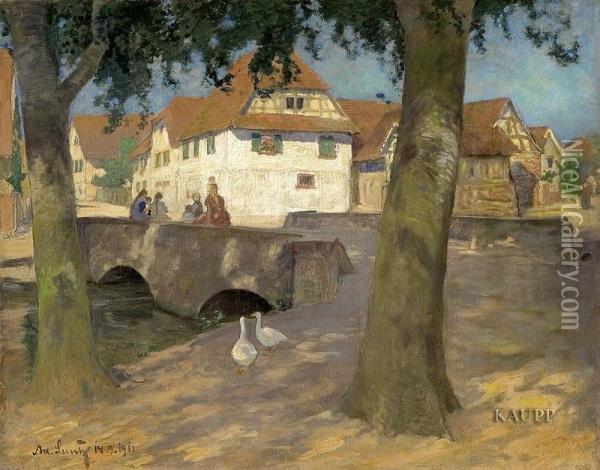 Sommerliches Dorfidyll Mit Auf Einer Steinbrucke Sitzenden Madchen Oil Painting - Adolf Luntz