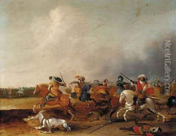 A cavalry skirmish Oil Painting - Jan Van Der Stoffe