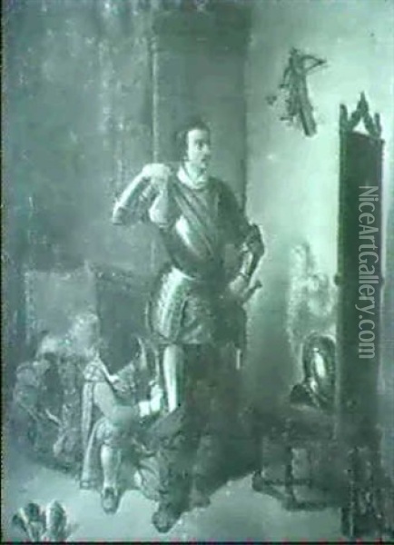 In Einem Interieur Des 17. Jahrhunderts Legt Ein Englischer Adliger Seine Rustung An Oil Painting - Johann Jakob Eberhardt
