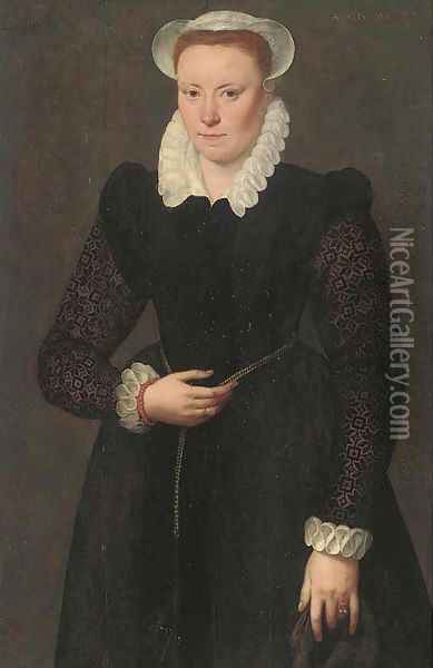 Portrait of a lady, aged 28, three-quarter-length, in a black dress with brocade sleeves, white collar, cuffs and bonnet and with a gold chain around Oil Painting - Adriaan Key
