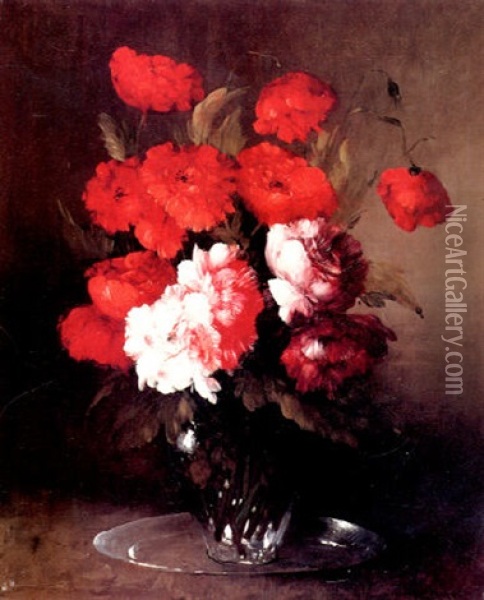 Pink Peonies And Poppies In A Glass Vase Oil Painting - Germain Theodore Ribot