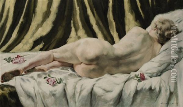 Liegender Weiblicher Ruckenakt Mit Rosen Oil Painting - Peter von Hamme-Voitus