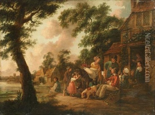 Travellers And Countryfolk Outside An Inn With A Watermill Beyond Oil Painting - Peter La Cave