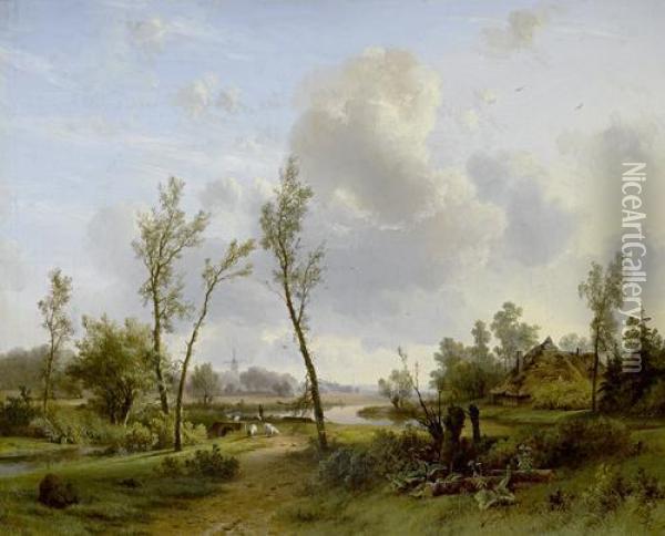 An Extensive Landscape With Shepherd And Sheep Beside A Winding River Oil Painting - Pieter Lodewijk Francisco Kluyver