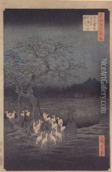 Foxfires On New Year's Eve At The Shozoku Hackberry Tree Oil Painting - I,or Ii Hiroshige Iii