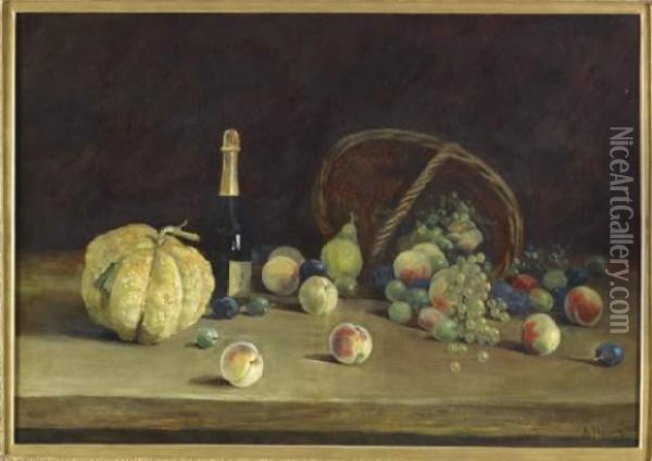 Nature Morte Aux Fruits Et A La Bouteille De Champagne Oil Painting - A. Hervez