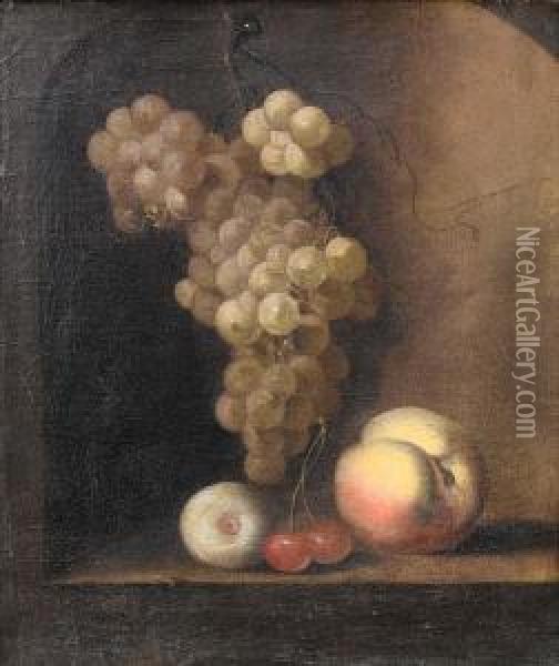 Grapes, Cherries, A Peach And An Apple On Atable Top Within A Stone Niche Oil Painting - Barend or Bernardus van der Meer