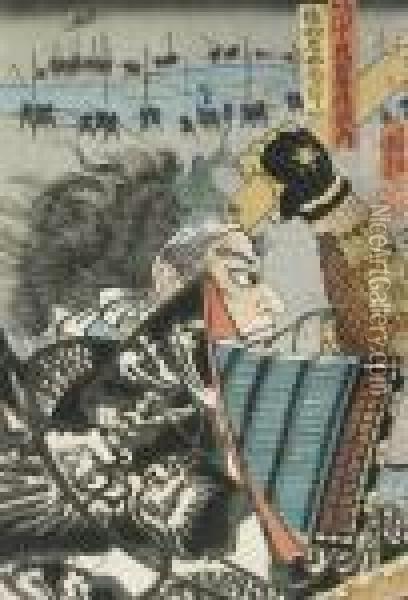 The Uesugi Clan General Amakasu Omi Oil Painting - Utagawa Kuniyoshi