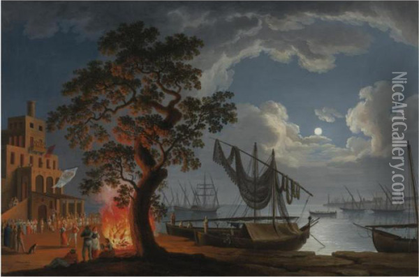 The Customs House, Naples, By Moonlight With Dancers And Musicians By A Fire Oil Painting - Jacob Philipp Hackert