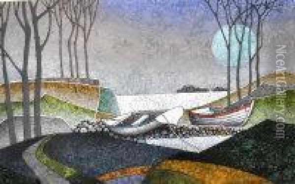 Winter Loch Boats, Ochiltree Oil Painting - John Robert Sutherland