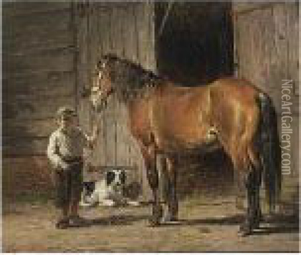 Little Boy With A Horse Oil Painting - Frans Lebret