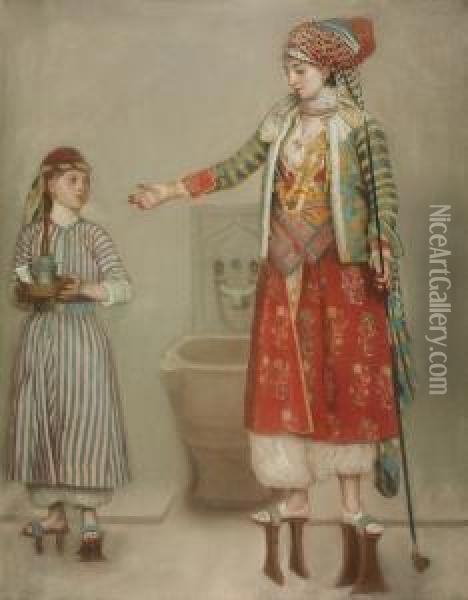 A Lady In Turkish Costume With Her Servant At The Hammam Oil Painting - Etienne Liotard