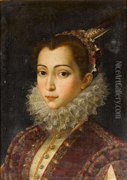 Portrait Of A Young Lady In A Crimson Embroidered Dress With A White Lace Ruff And A Headdress Of Pearls, Flowers And Feathers Oil Painting - Scipione Pulzone