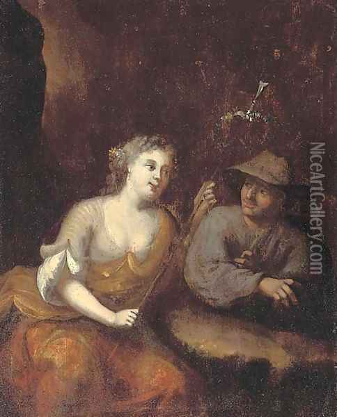 Lady as a shepherdess with a peasant in a rocky gorge Oil Painting - Jacob van Loo