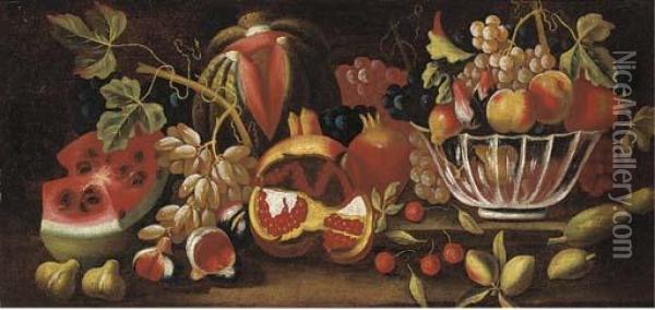 A Watermelon, Grapes, Figs, 
Pomegranate And A Bowl With Grapes,peaches And Pears On A Ledge Oil Painting - Bartolome Perez