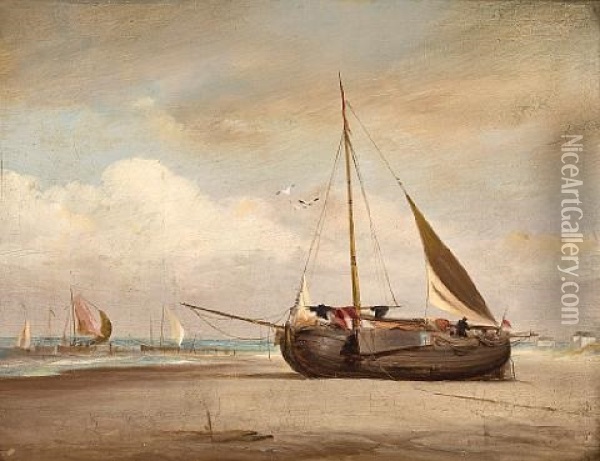 A Dutch Lugger Beached At Low Tide Oil Painting - George William Crawford Chambers