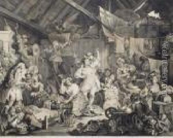 Strolling Actresses Dressing In A Barn Oil Painting - William Hogarth