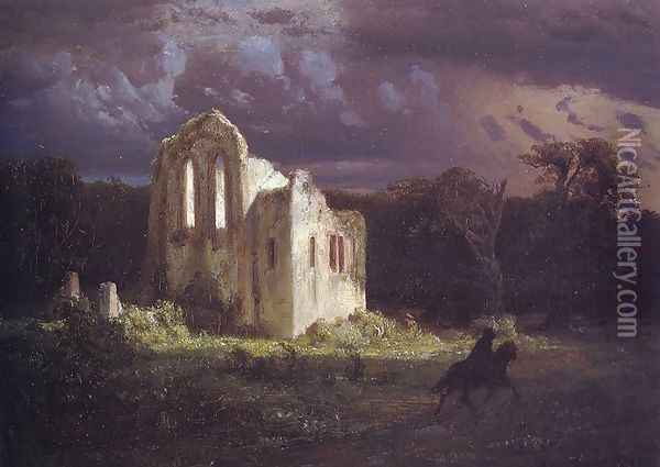 Ruins in a Moonlit Landscape Oil Painting - Arnold Bocklin