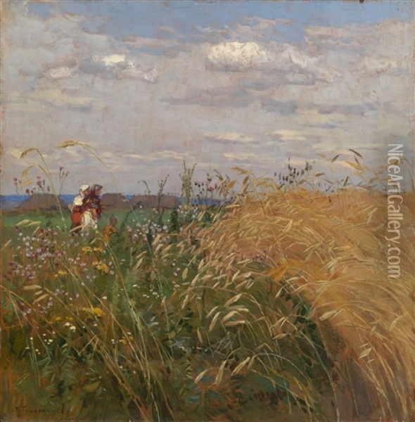 Peasant Women In A Field Oil Painting - Mikhail Markelovich Guzhavin