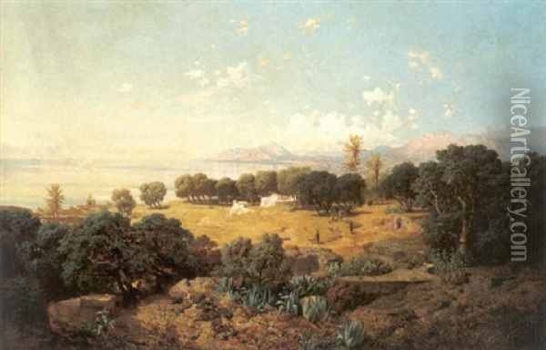 Blick Auf Den Monte Pellegrino Bei Palermo, Mit Dem Strand Von Mondella Im Vordergrund Oil Painting - Josef Selleny