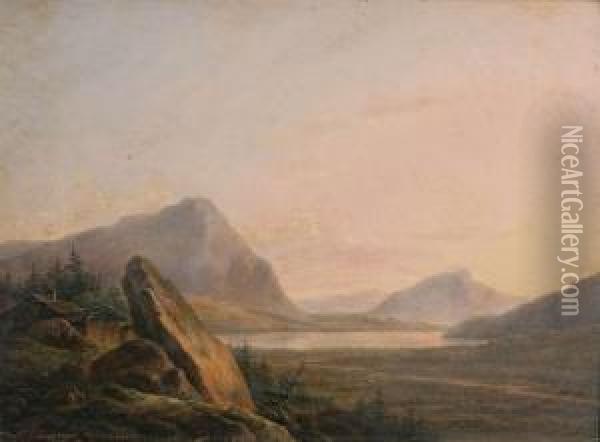 Bergachtig Landschap Bij Zonsondergang Met Reizigers Aan Het Water Oil Painting - Henri Van Assche