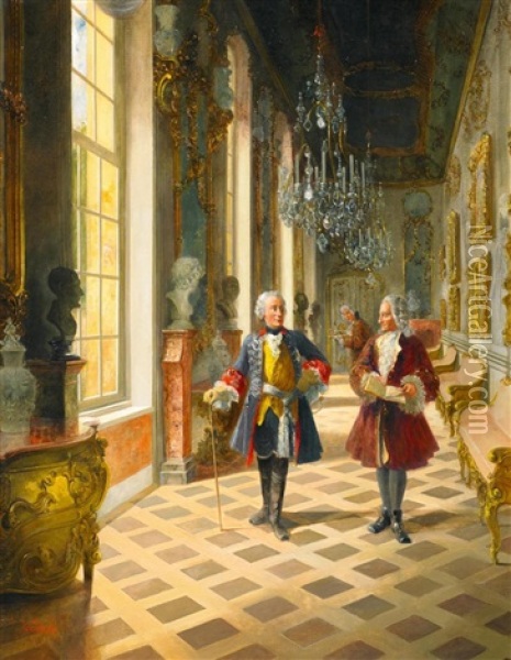Friedrich Der Grose Im Gesprach Mit Voltaire In Den Raumen Von Schloss Sansoussi Oil Painting - Georg Schoebel