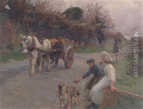Travellers Resting With A Horse And Cart Passing By Oil Painting - Harold Harvey