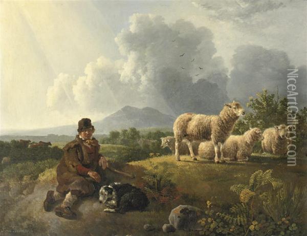 A Shepherd And His Flock Resting In A Summer Landscape Oil Painting - Leendert de Koningh