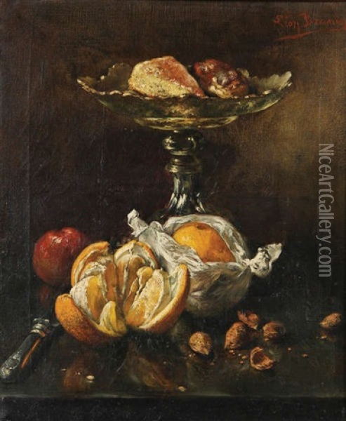 Nature Morte Aux Oranges, Noix Et Patisserie Sur Un Plat Oil Painting - Leon de Meutter Brunin