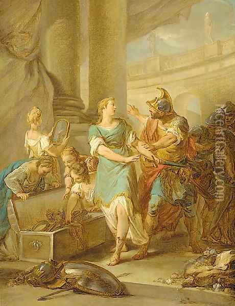 Odysseus discovering Achilles amongst the Daughters of Lycomedes Oil Painting - Jean-Francois Clermont
