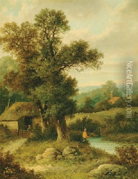 Angling By The Cottage Oil Painting - William Henry Yates