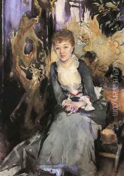Miss Reubell Seated In Front Of A Screen Oil Painting - John Singer Sargent
