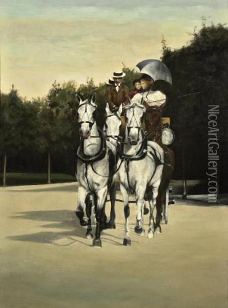 A Family Riding In A Carriage Drawn By Three White Horses Oil Painting - Jean-Georges Beraud