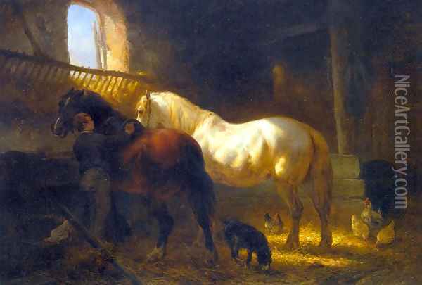 Horses in a Stable 2 Oil Painting - Wouterus Verschuur