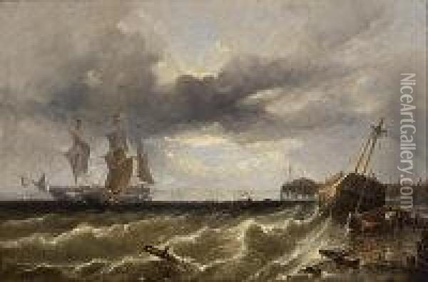 Shipwreck On A Shore, With Sailing Ships In A Bay Oil Painting - Edwin Hayes