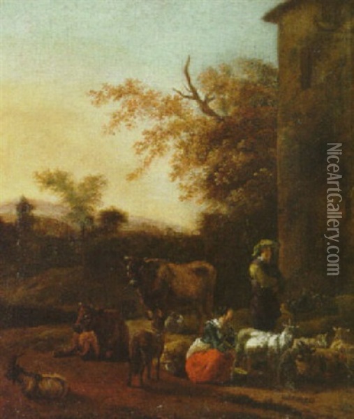 An Italianate Landscape With A Milkmaid And A Herdsman Beside A Villa Oil Painting - Dirk van Bergen