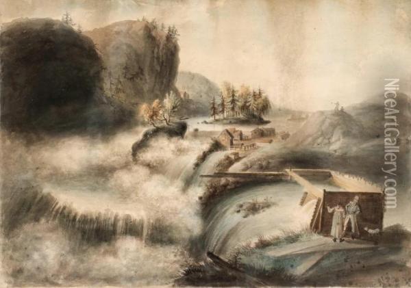 Utsigt Af Gullo Och Toppo Vattenfall Vid Trollhattan Oil Painting - Elias Martin