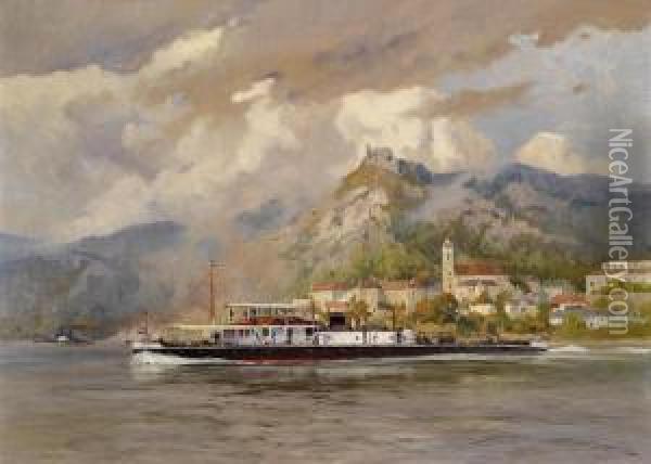 A Cargo Ship Near Durnstein Oil Painting - August Von Brandis