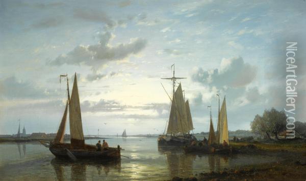 Fishing Boats On The Scheldt Oil Painting - Abraham Hulk Jun.