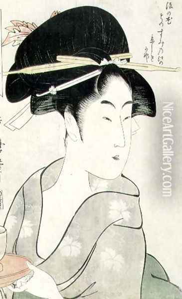 Riches 1913 Bust portrait of a woman holding a tea-cup, from the series Meisho Koshikake Hakkei Oil Painting - Kitagawa Utamaro