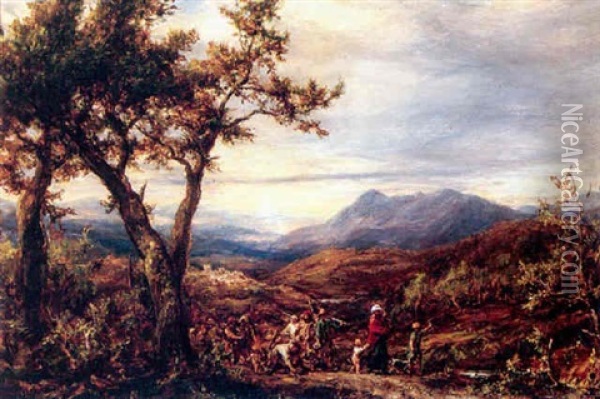 An Extensive Mountainous Landscape With Travellers In The Foreground Oil Painting - John Linnell