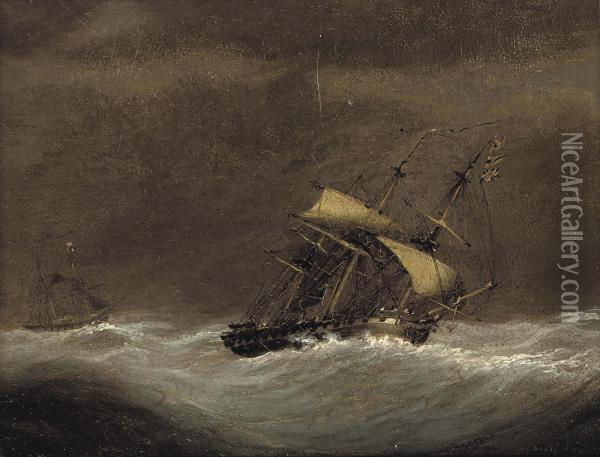 A Royal Navy Frigate Reefed-down In Heavy Seas Oil Painting - Condy, Nicholas Matthews