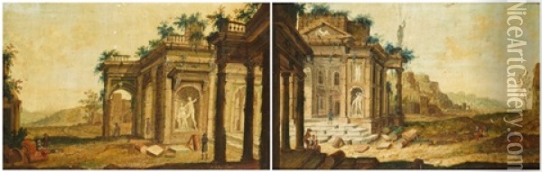 Deux Vues De Palais Sur Un Fond De Paysage Oil Painting - Christian Stoecklin