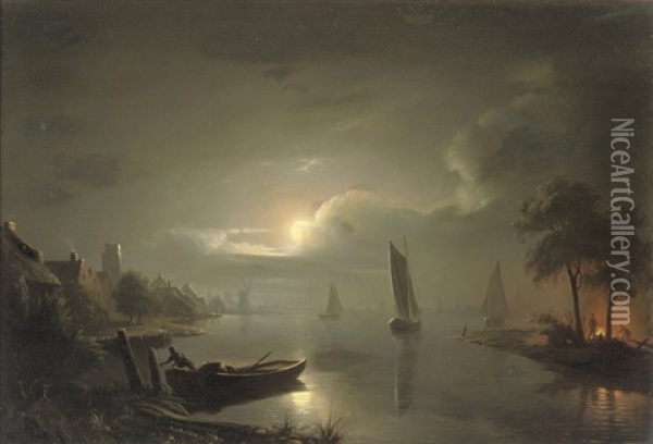 Maanenschijn: Sailing At Night Near Rotterdam With The St. Laurenskerk Beyond Oil Painting - Petrus van Schendel
