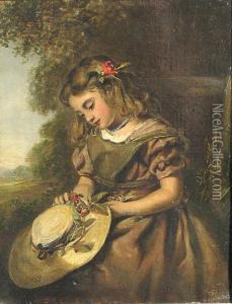 A Young Girl Holding Her Hat; Also A View Of A Town Along A Canal By Another Hand (2) Oil Painting - Thomas Kent Pelham