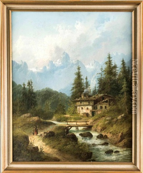 Alpine Landschaft Mit Berghof Am Wildbach U. Figurenstaffage Oil Painting - Edouard Boehm