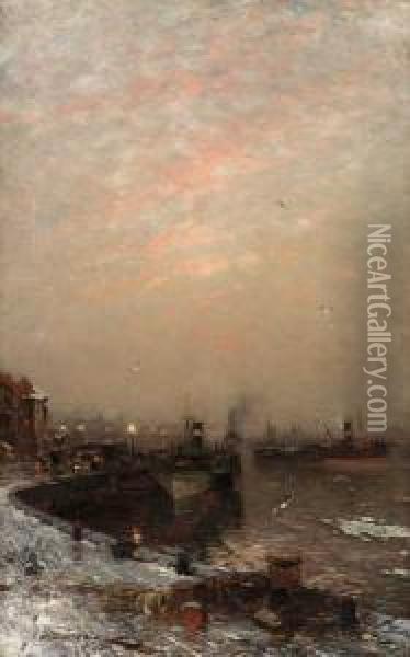 Vinterdag I Havnen Olje Pa Lerret Oil Painting - Ludwig Munthe