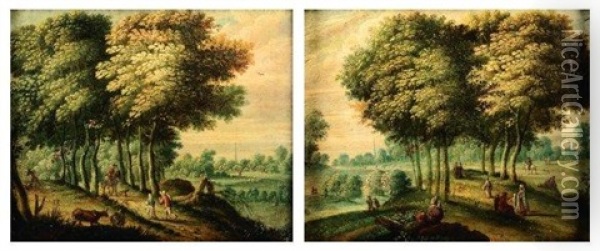 Paysages De Foret Avec Promeneurs (pair) Oil Painting - Jasper van der Laanen