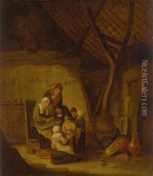 An Interior Scene With A Group Of Peasants Gathered Oil Painting - Bartholomeus Molenaer